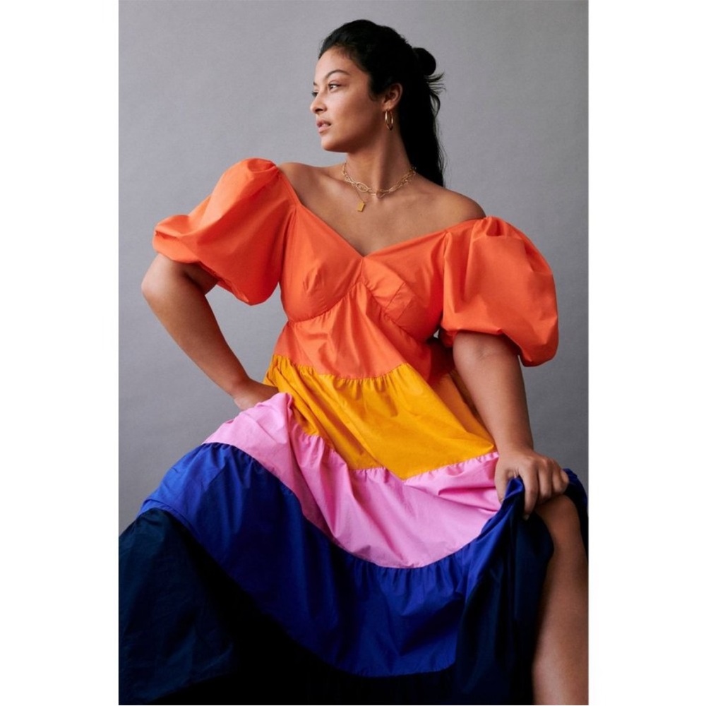 Women’s Farm Rio for Anthropologie Tiered Colorblock Maxi Dress w/ Puff Sleeve